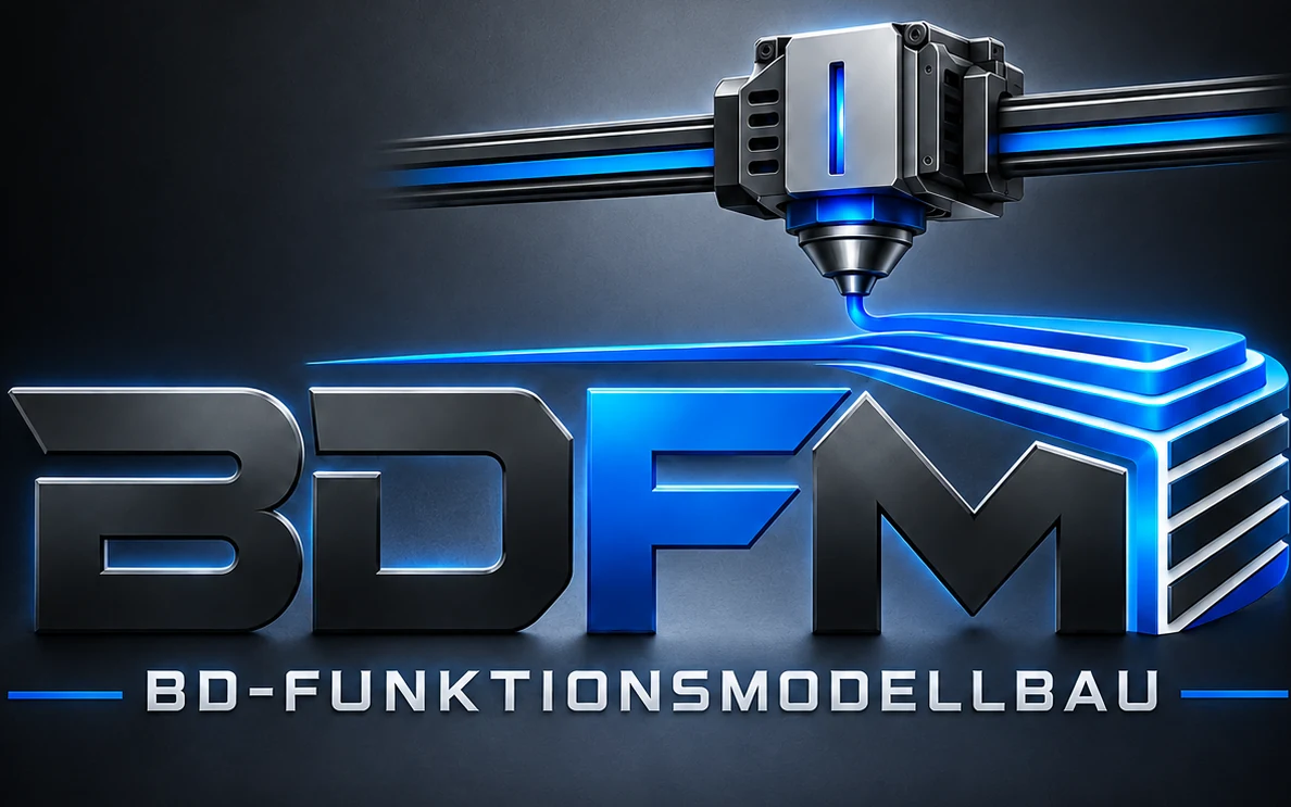 BDFM-Logo mit 3D-Druckkopf und blauem Schichtmodell