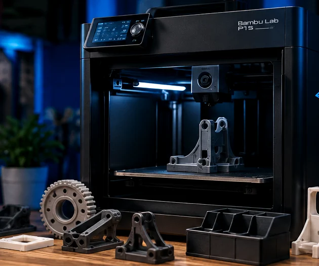 Illustrierte Ansicht eines Desktop-3D-Druckers mit gedruckten Bauteilen